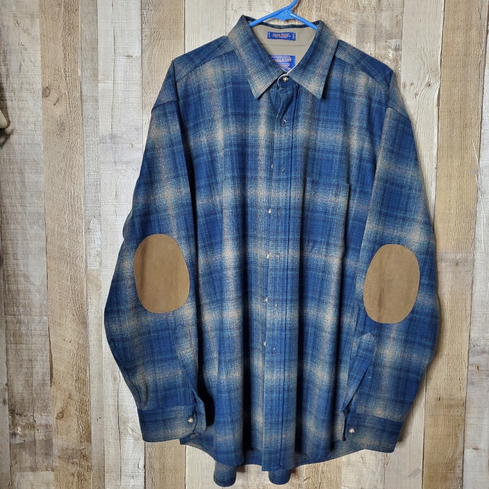 Pendleton Trial Wool Long Sleeves Elbow Patch Plaid Blue Button Up Shirt Size XL
